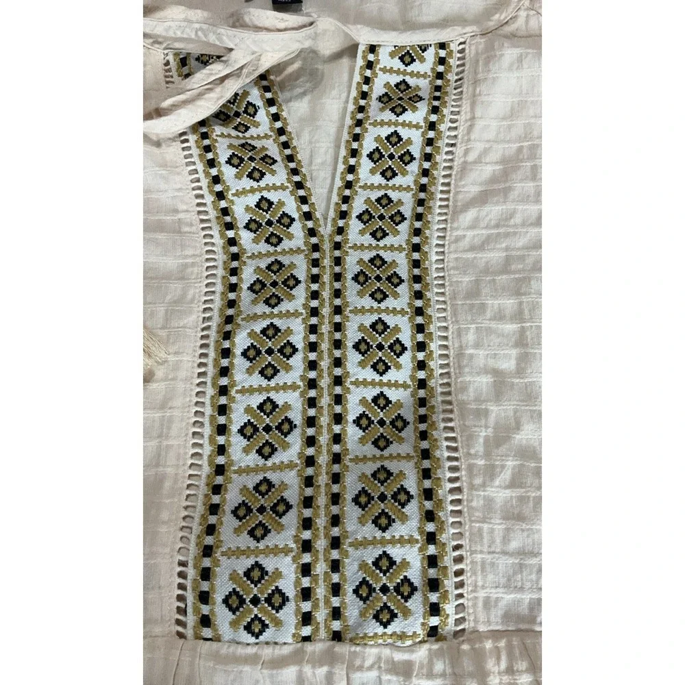 Grigio USA Women's Large Embroidered Creamy Oatmeal Boho Peasant Tunic Tassel